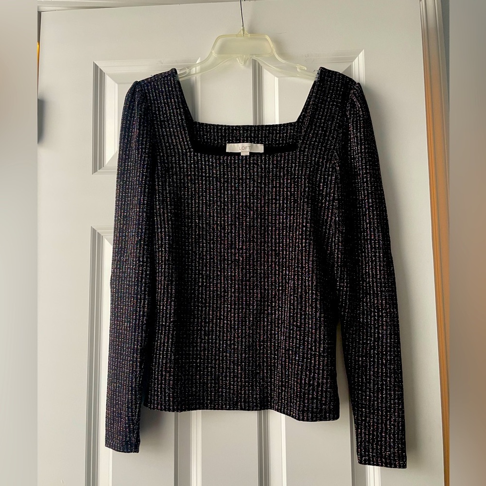 LOFT Black Metallic Square Neck Puff Sleeve Top | Size Small